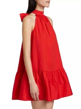 STAUD mini Marlowe Red Halter Dress with Bow Neck